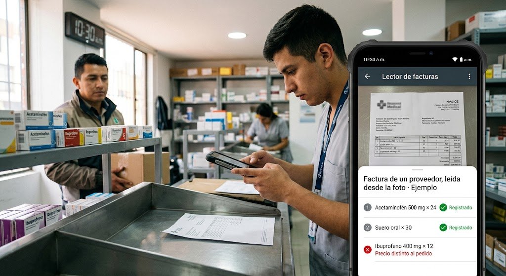 Empleado de una droguería fotografía una factura con el celular; el lector registra productos y avisa de un precio distinto.