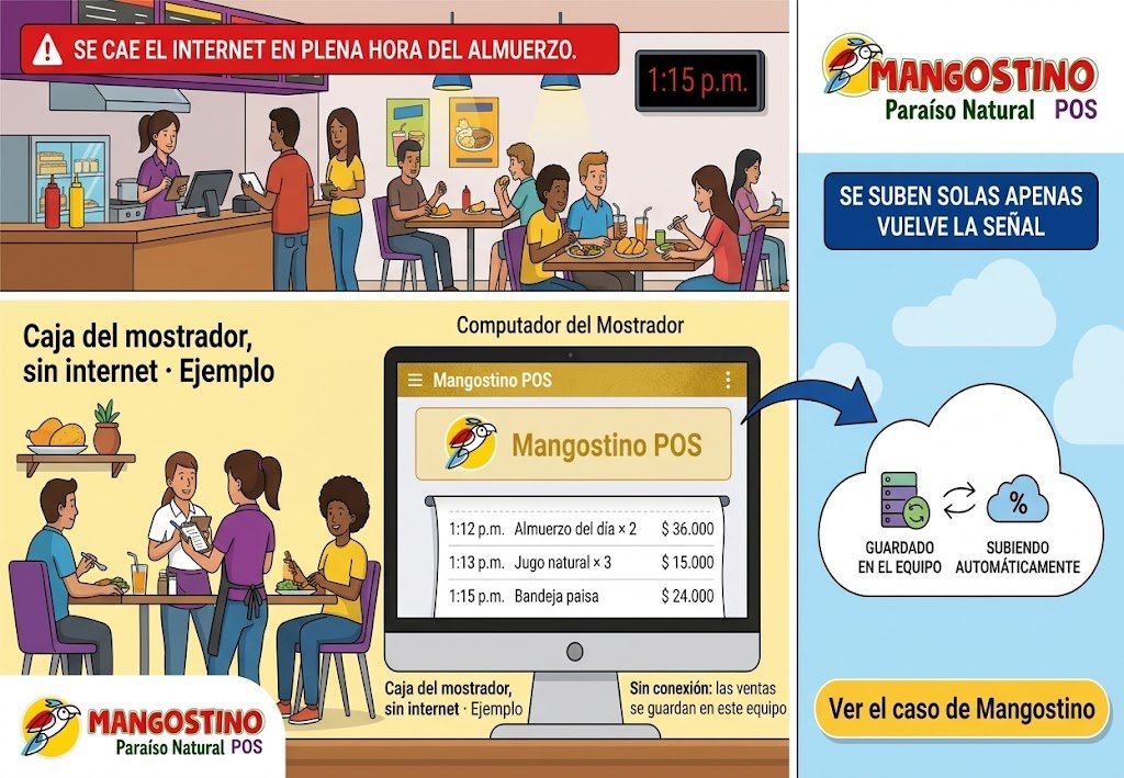 Ilustración de Mangostino POS guardando ventas sin internet y sincronizándolas cuando vuelve la conexión.
