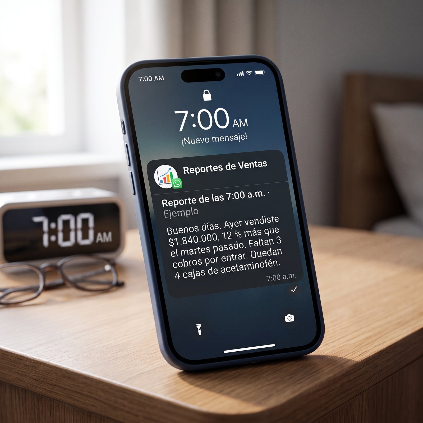 Celular con el reporte de ventas, cobros pendientes e inventario de las 7:00 a.m.