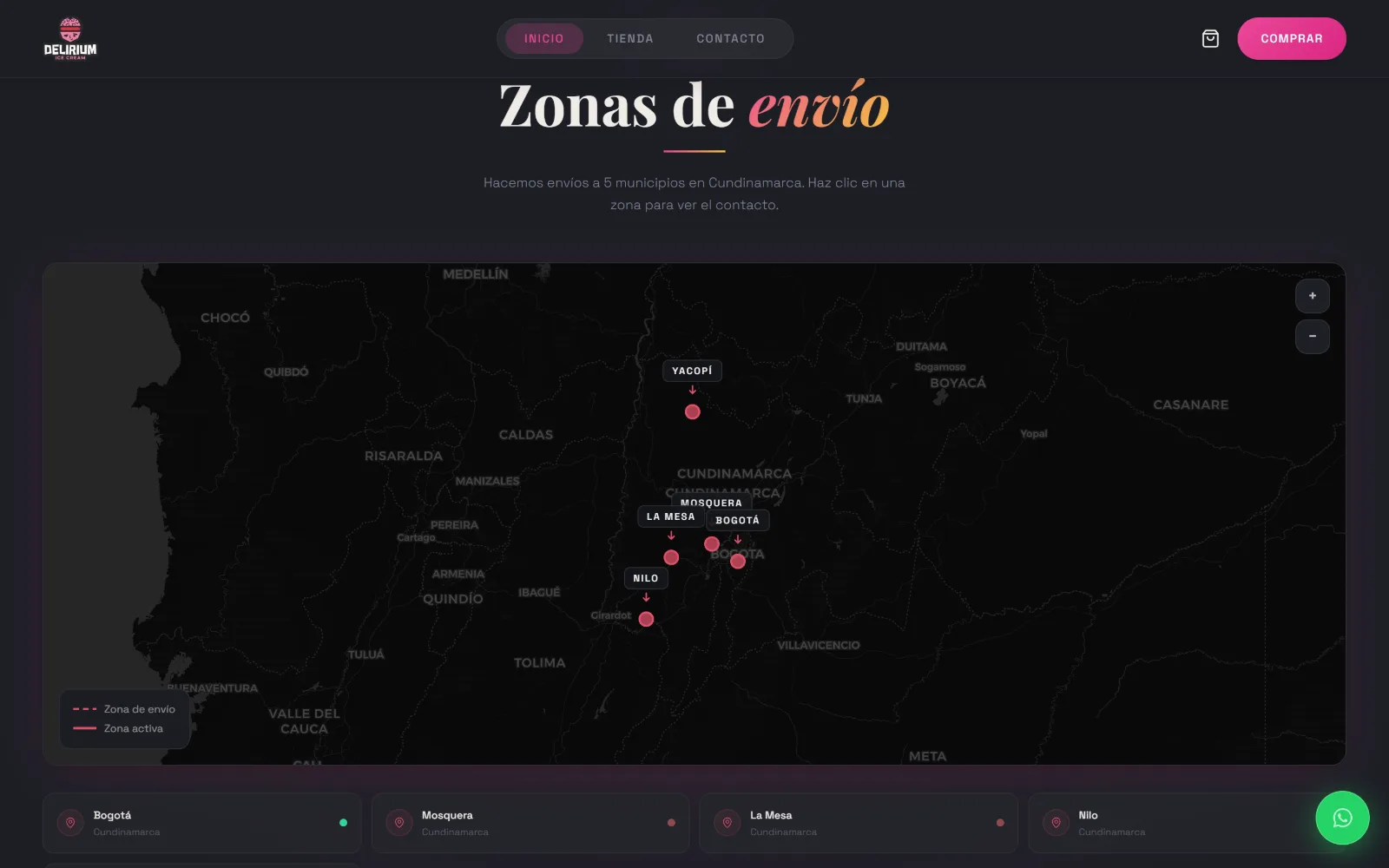 Mapa de zonas de envío de Delirium Ice Cream con los cinco municipios marcados en Cundinamarca.