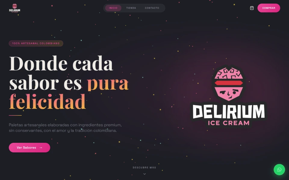 Página de inicio de Delirium Ice Cream con la marca y el acceso a los sabores.