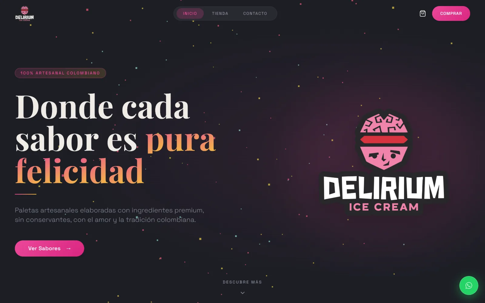 Página de inicio de Delirium Ice Cream con la marca y el acceso a los sabores.