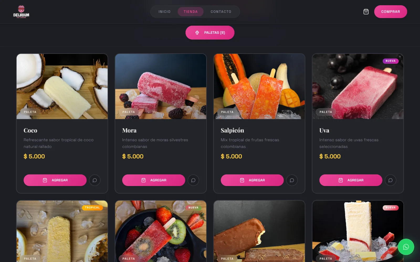 Tienda en línea de Delirium Ice Cream con sus paletas, precios y carrito.