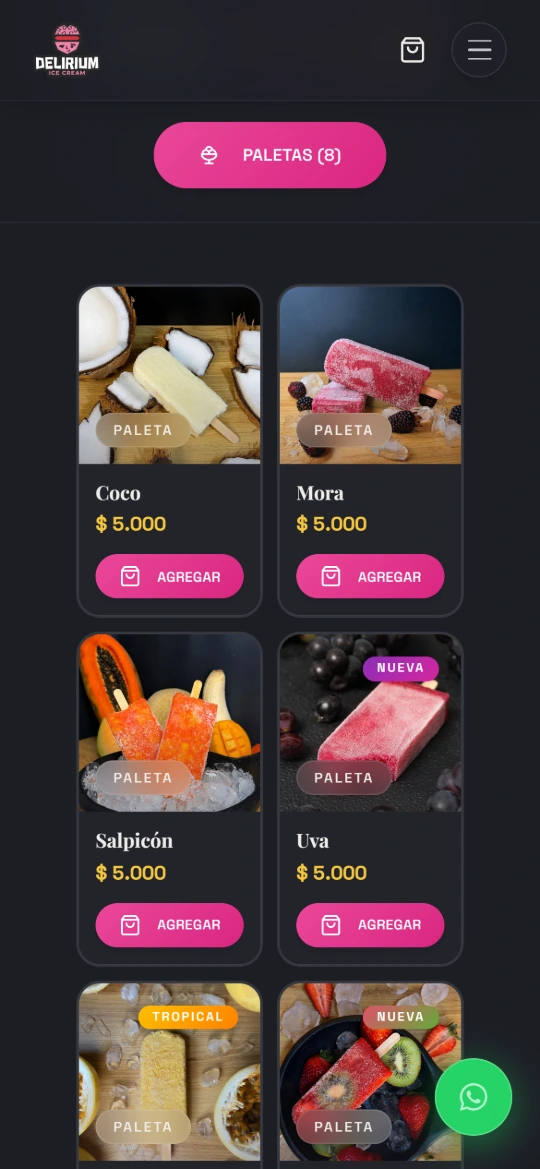 Tienda en línea de Delirium Ice Cream abierta en un celular.