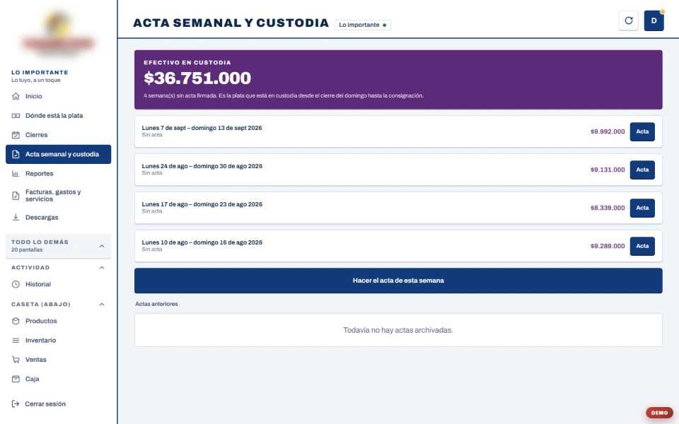 Pantalla del acta de la semana: cuánta plata hay en custodia y qué semanas faltan por firmar.