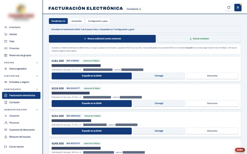 Pantalla de facturas electrónicas pendientes, cada una con los días que le quedan para expedirse.