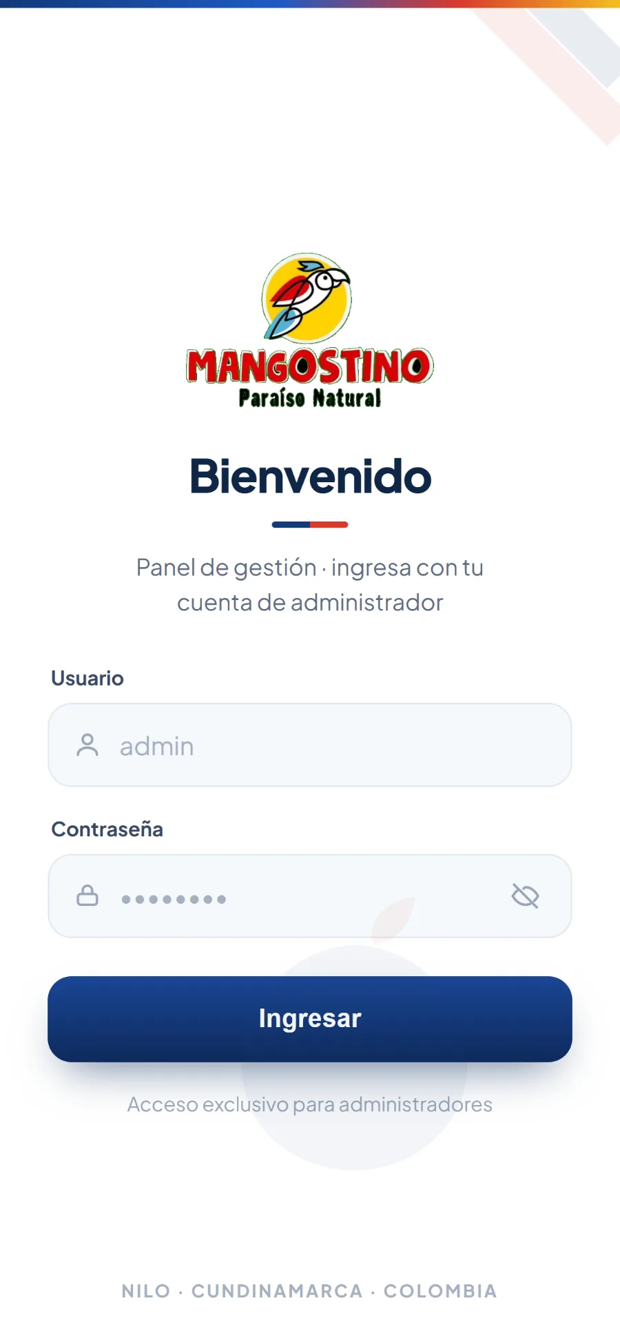 Pantalla de ingreso de Mangostino POS en el celular.
