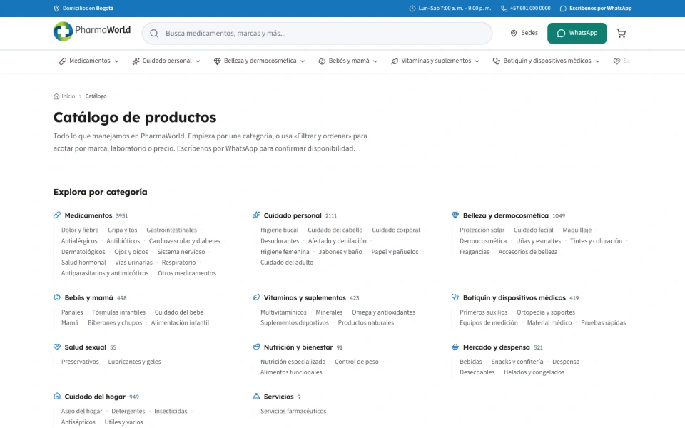Catálogo en línea de PharmaWorld con productos, precios y el botón de WhatsApp.