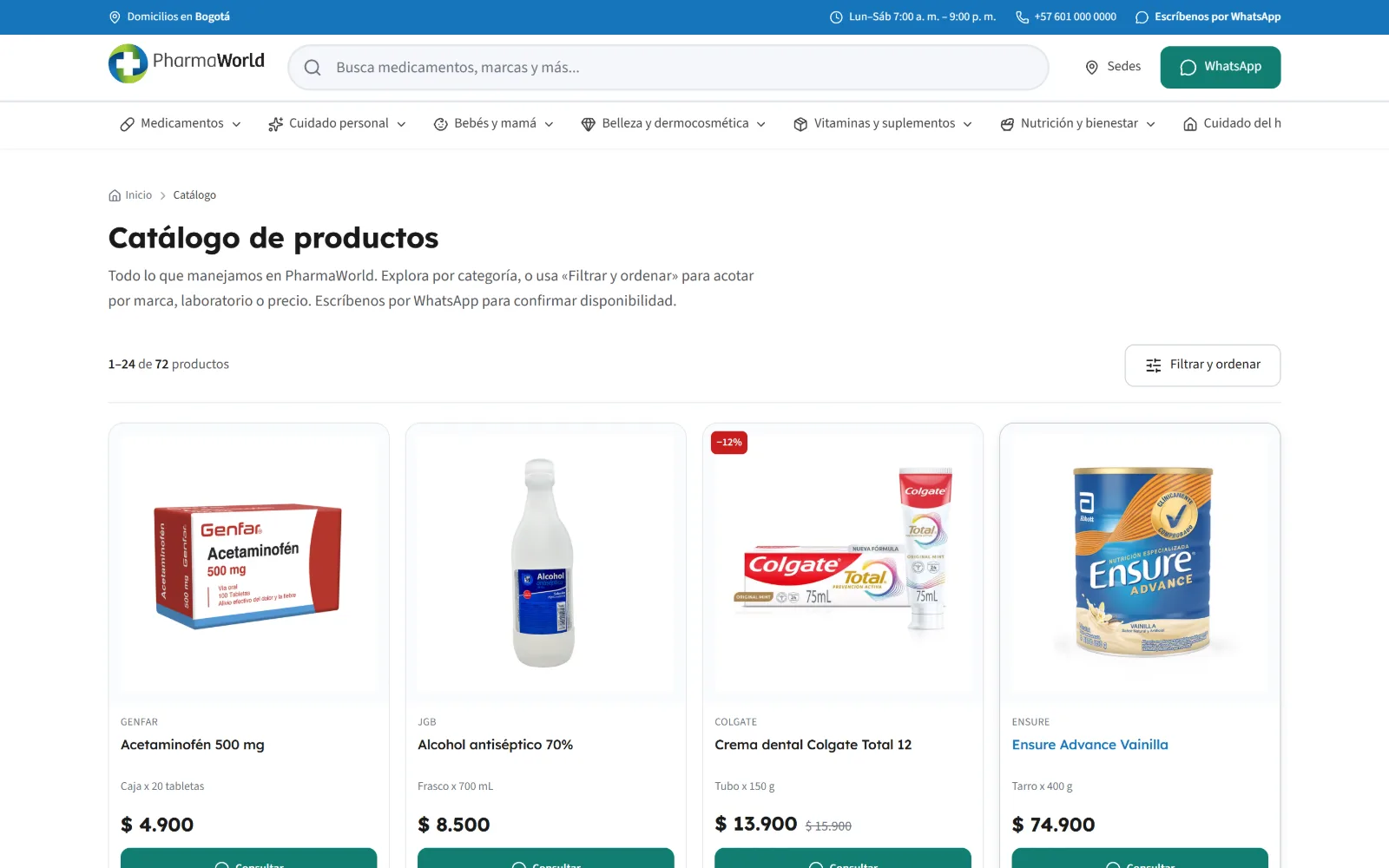 Catálogo en línea de la droguería PharmaWorld.