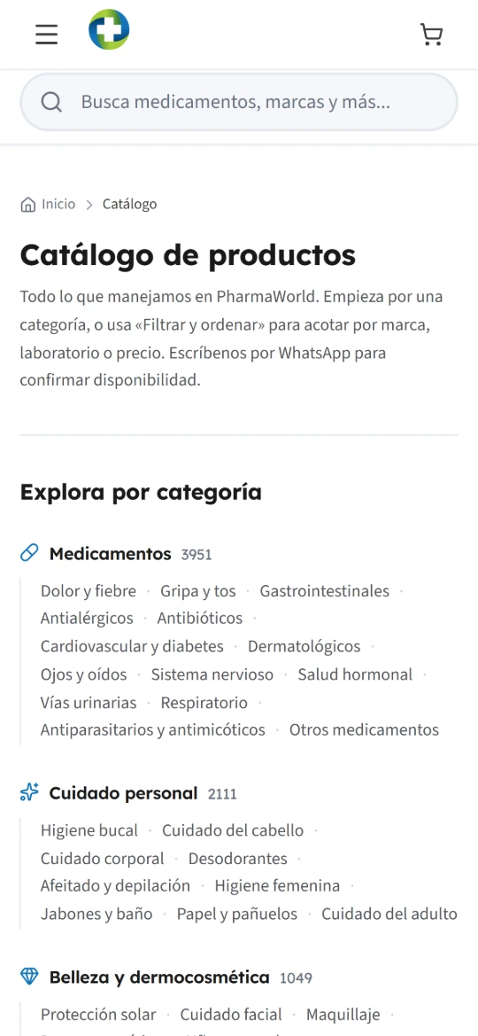 Catálogo de PharmaWorld abierto en un celular.