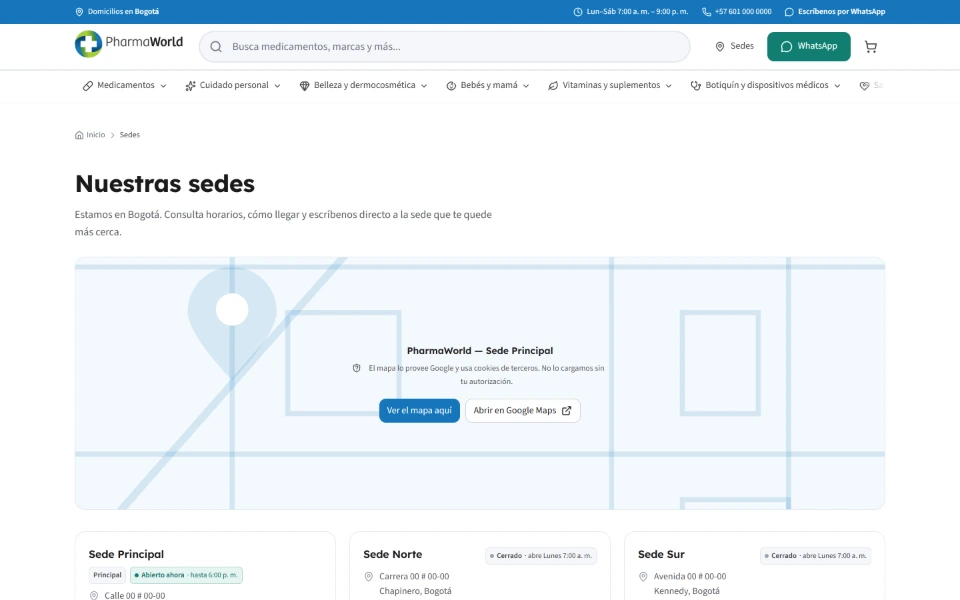 Página de sedes y contacto de PharmaWorld.