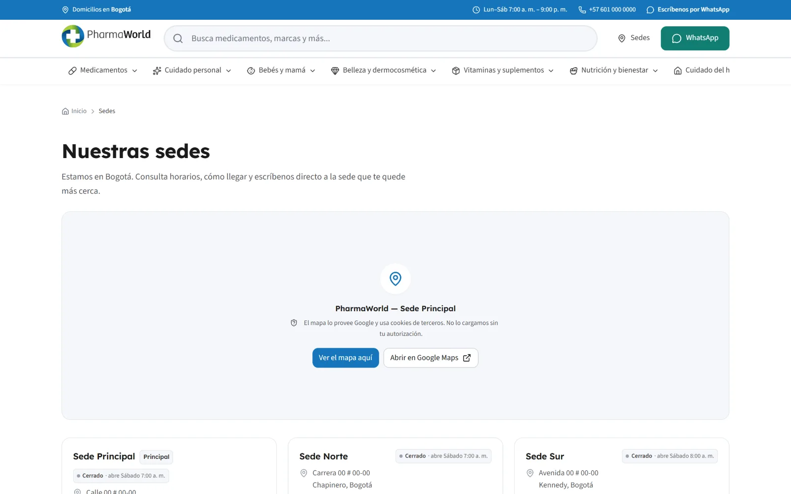 Página de sedes y contacto de PharmaWorld.